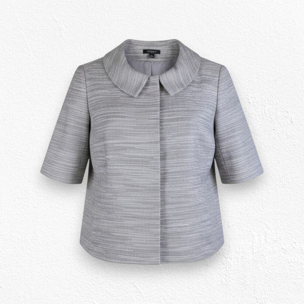Ann Taylor Silver Metallic Tweed Short Sleeve Collared Boxy Jacket Size Large